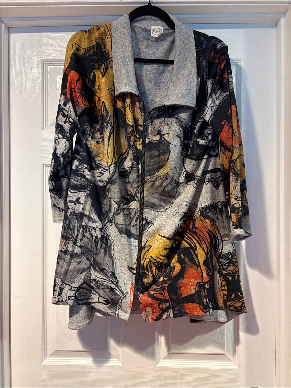 Artistic Abstract Zip-Front Cardigan - Gray with Orange & Yellow Accents